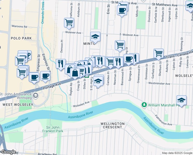 map of restaurants, bars, coffee shops, grocery stores, and more near 548 Clifton Street in Winnipeg