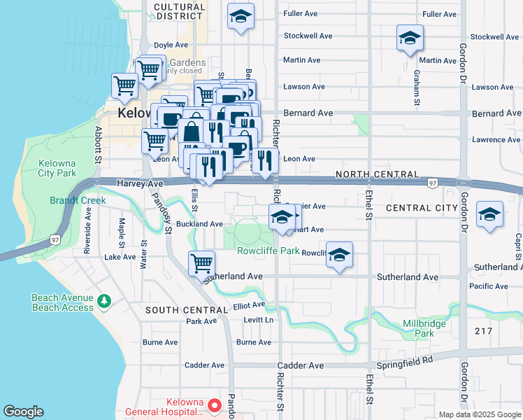 map of restaurants, bars, coffee shops, grocery stores, and more near 1770 Richter Street in Kelowna