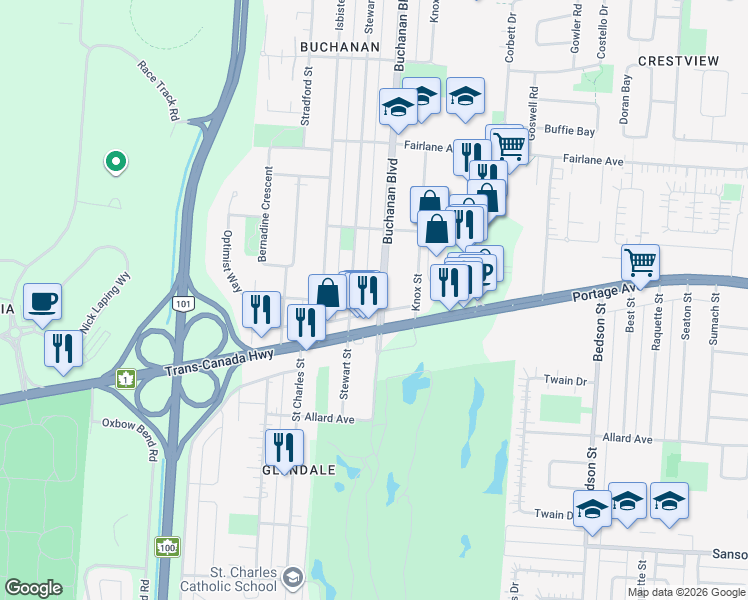 map of restaurants, bars, coffee shops, grocery stores, and more near 624 Buchanan Boulevard in Winnipeg