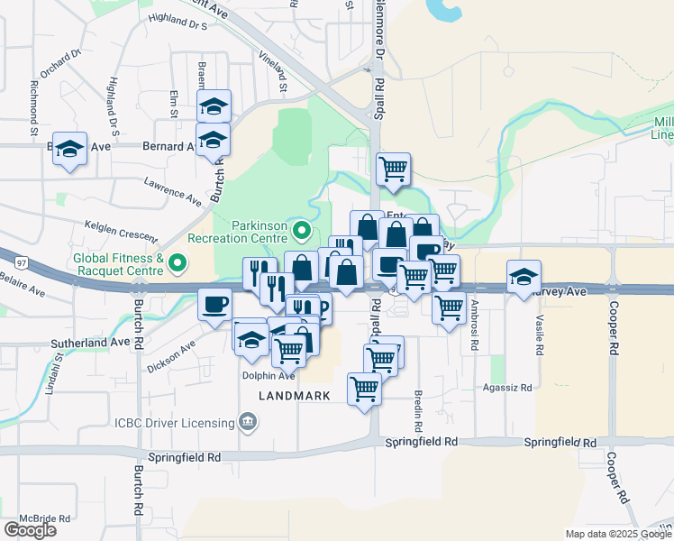 map of restaurants, bars, coffee shops, grocery stores, and more near 1864 Okanagan Highway in Kelowna