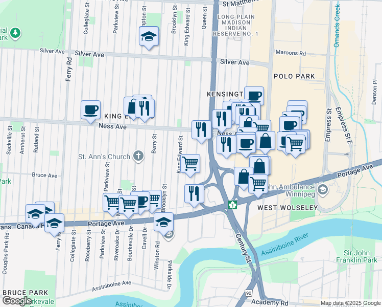 map of restaurants, bars, coffee shops, grocery stores, and more near 280 Queen Street in Winnipeg