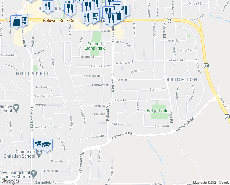 map of restaurants, bars, coffee shops, grocery stores, and more near 565 Rutland Road South in Kelowna