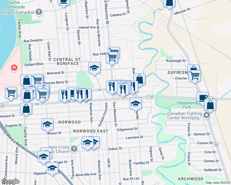 map of restaurants, bars, coffee shops, grocery stores, and more near 373 Marion Street in Winnipeg