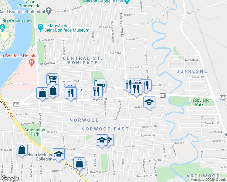 map of restaurants, bars, coffee shops, grocery stores, and more near 325 Enfield Crescent in Winnipeg