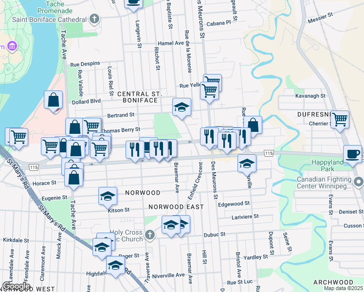 map of restaurants, bars, coffee shops, grocery stores, and more near 325 Enfield Crescent in Winnipeg