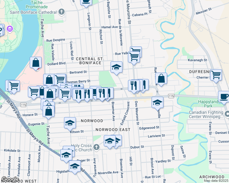map of restaurants, bars, coffee shops, grocery stores, and more near 302 Braemar Avenue in Winnipeg