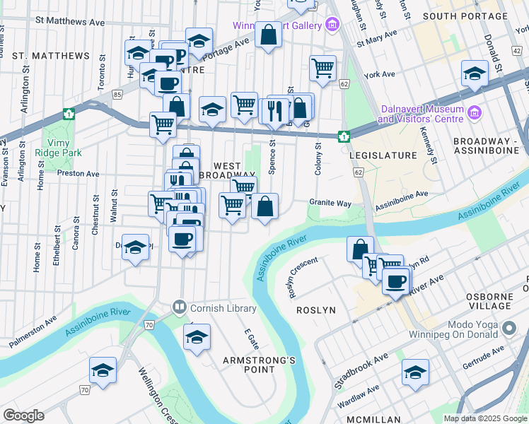 map of restaurants, bars, coffee shops, grocery stores, and more near 14 Balmoral Street in Winnipeg