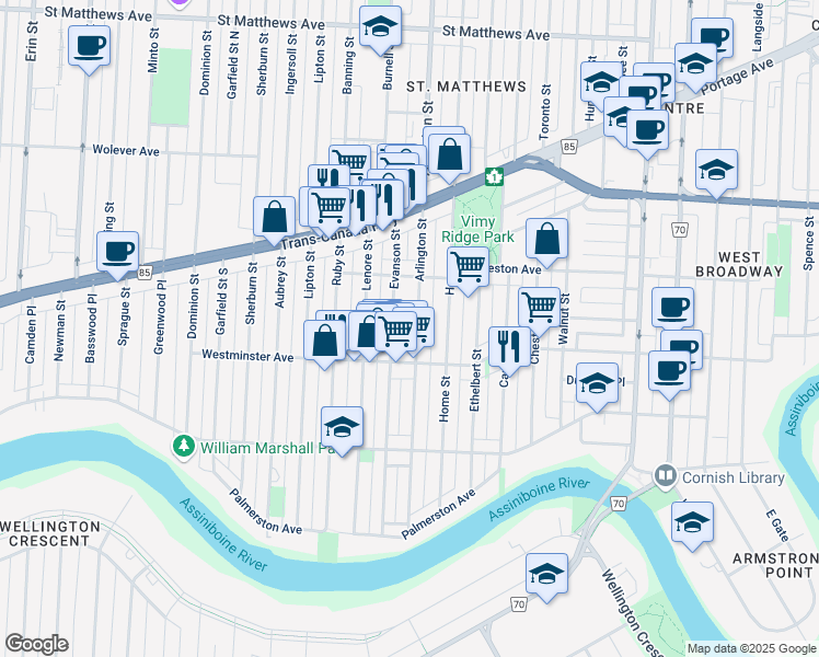 map of restaurants, bars, coffee shops, grocery stores, and more near 170 Arlington Street in Winnipeg