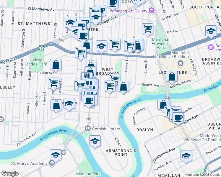 map of restaurants, bars, coffee shops, grocery stores, and more near 129 Langside Street in Winnipeg