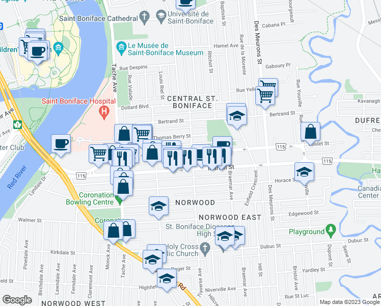 map of restaurants, bars, coffee shops, grocery stores, and more near 232 Route 115 in Winnipeg