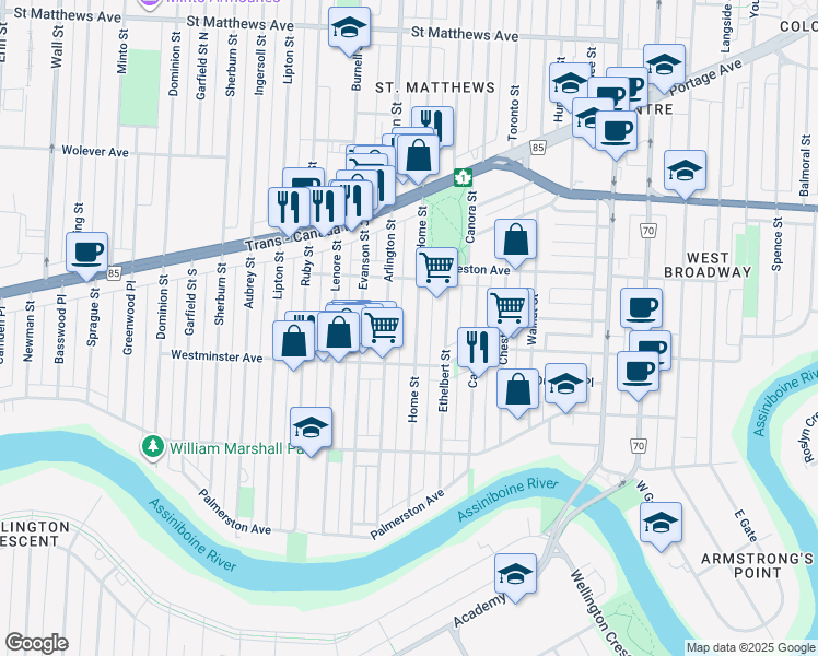 map of restaurants, bars, coffee shops, grocery stores, and more near 192 Home Street in Winnipeg