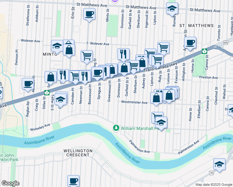 map of restaurants, bars, coffee shops, grocery stores, and more near 520 Dominion Street in Winnipeg