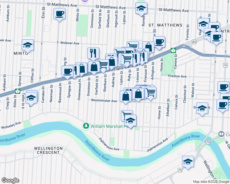 map of restaurants, bars, coffee shops, grocery stores, and more near 273 Aubrey Street in Winnipeg