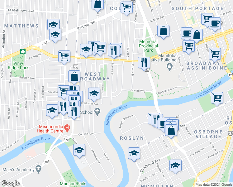 map of restaurants, bars, coffee shops, grocery stores, and more near 38 Balmoral Street in Winnipeg