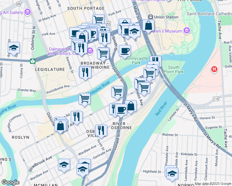 map of restaurants, bars, coffee shops, grocery stores, and more near Mayfair Place in Winnipeg
