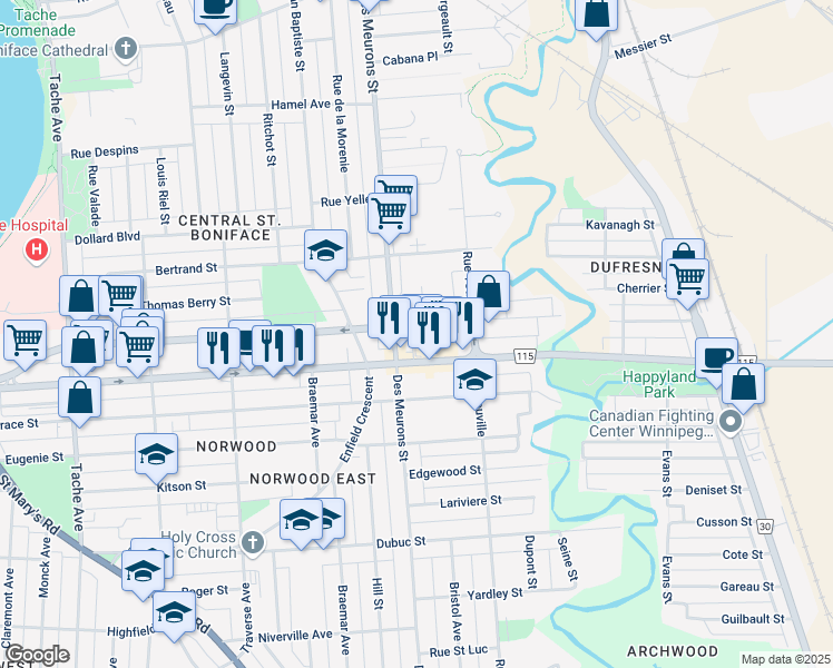 map of restaurants, bars, coffee shops, grocery stores, and more near 373 Marion Street in Winnipeg