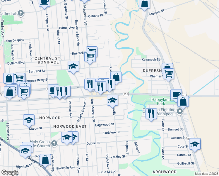 map of restaurants, bars, coffee shops, grocery stores, and more near 323 Rue Youville in Winnipeg