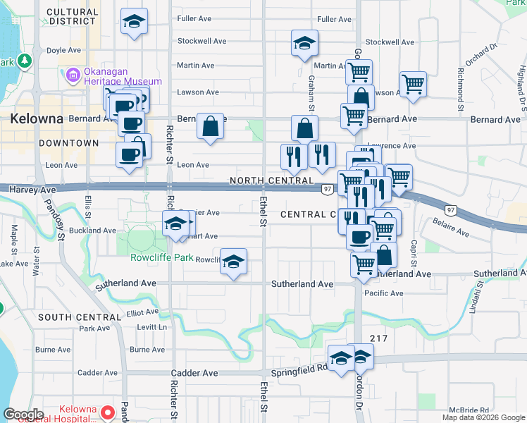 map of restaurants, bars, coffee shops, grocery stores, and more near Ethel Street in Kelowna