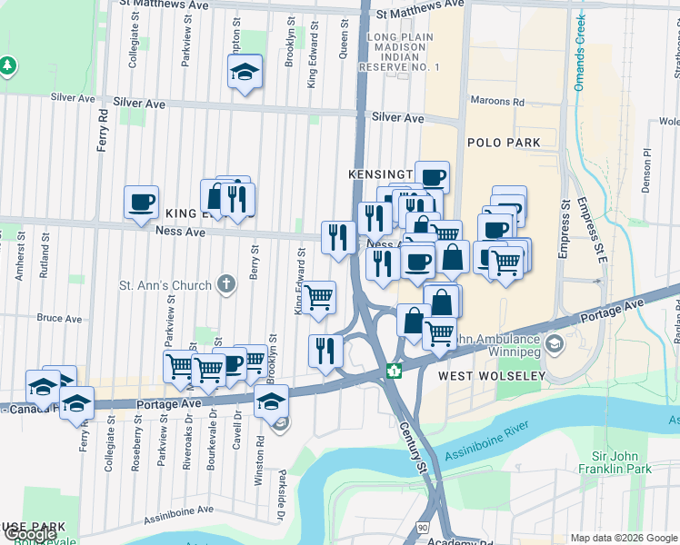 map of restaurants, bars, coffee shops, grocery stores, and more near 299 Queen Street in Winnipeg