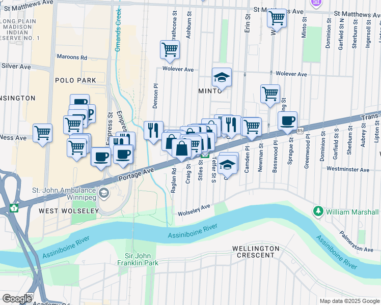 map of restaurants, bars, coffee shops, grocery stores, and more near 1335 Portage Avenue in Winnipeg