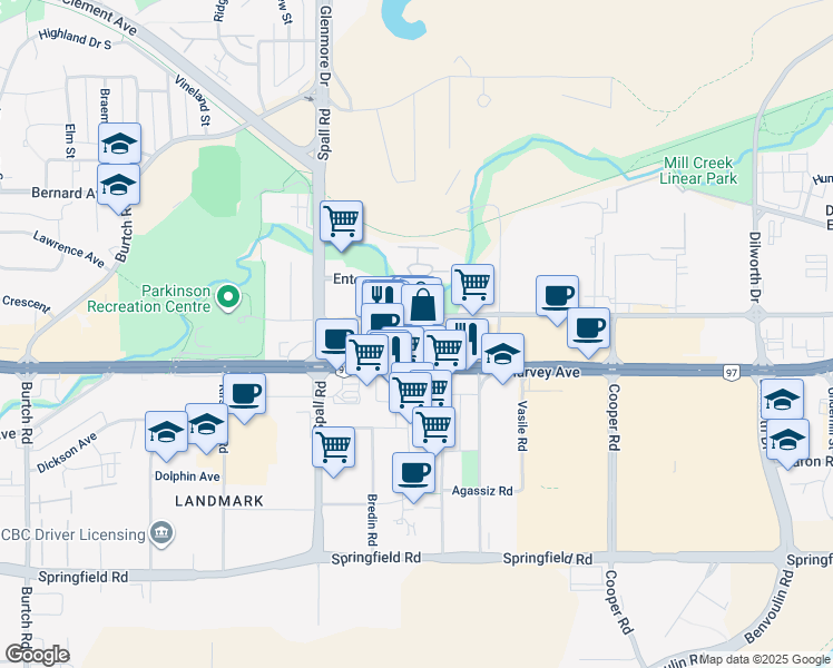 map of restaurants, bars, coffee shops, grocery stores, and more near 1950 Harvey Avenue in Kelowna