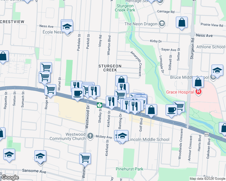 map of restaurants, bars, coffee shops, grocery stores, and more near 650 School Road in Winnipeg