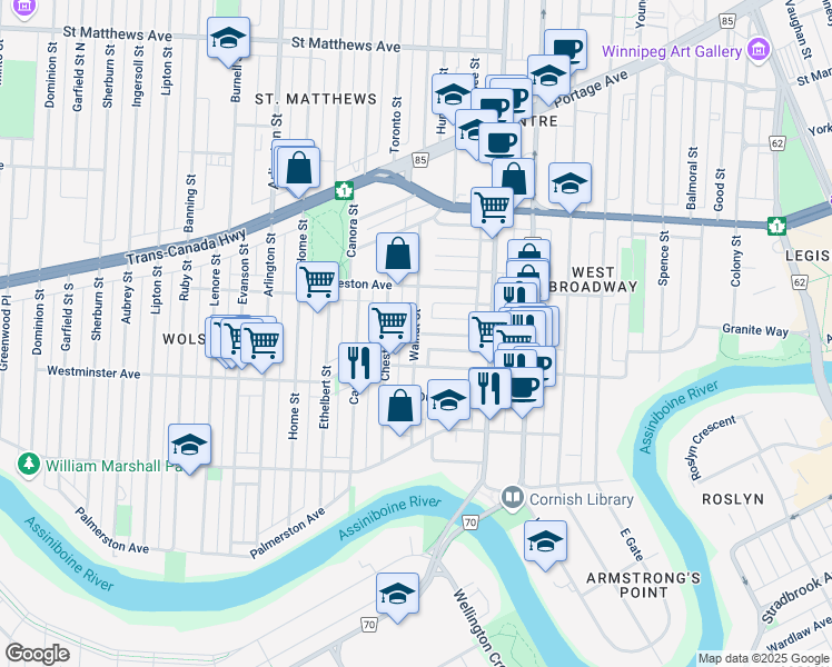 map of restaurants, bars, coffee shops, grocery stores, and more near Walnut Street in Winnipeg