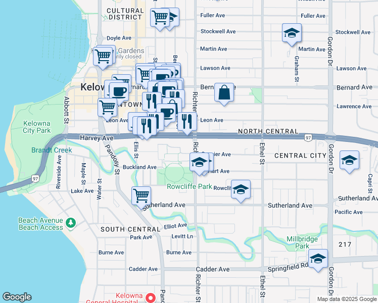 map of restaurants, bars, coffee shops, grocery stores, and more near 1740 Richter Street in Kelowna