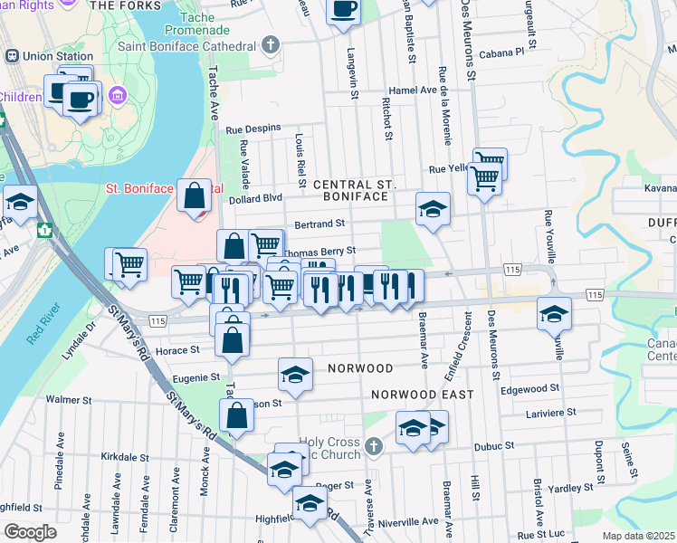 map of restaurants, bars, coffee shops, grocery stores, and more near 231 Goulet Street in Winnipeg