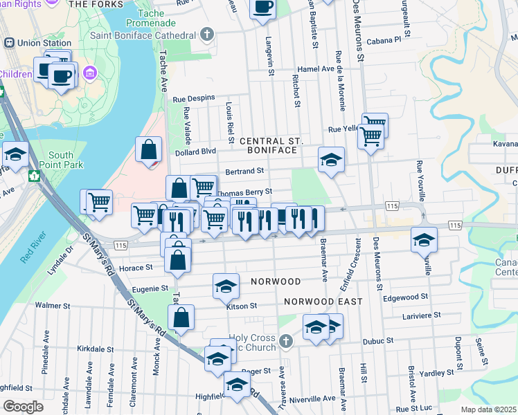 map of restaurants, bars, coffee shops, grocery stores, and more near 232 Route 115 in Winnipeg
