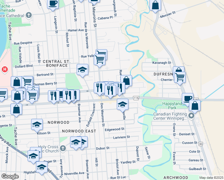 map of restaurants, bars, coffee shops, grocery stores, and more near 373 Marion Street in Winnipeg