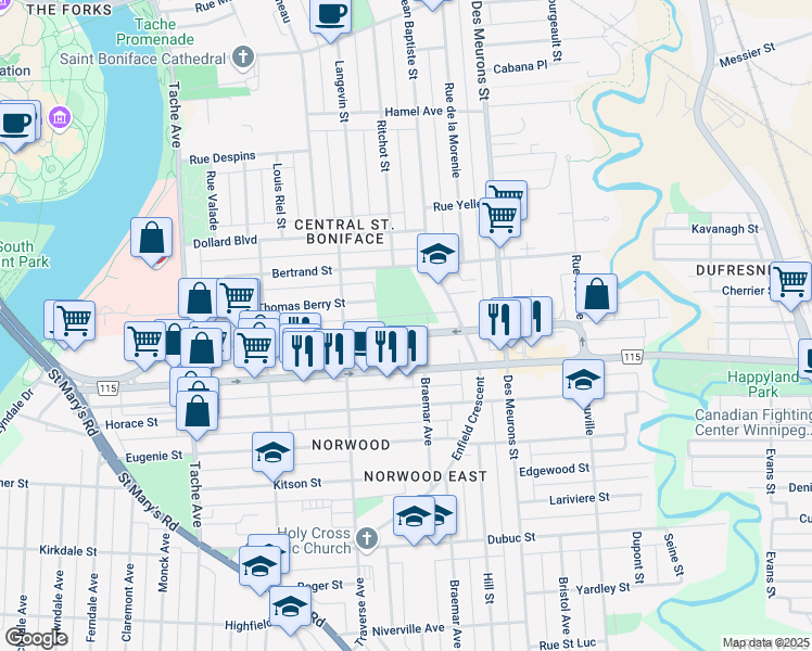 map of restaurants, bars, coffee shops, grocery stores, and more near 302 Braemar Avenue in Winnipeg