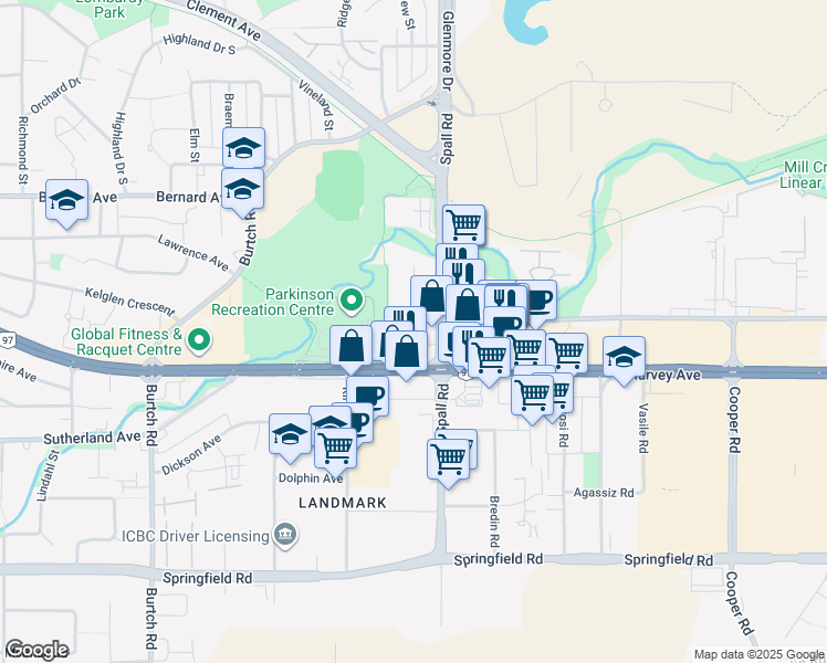 map of restaurants, bars, coffee shops, grocery stores, and more near 1890 Harvey Avenue in Kelowna