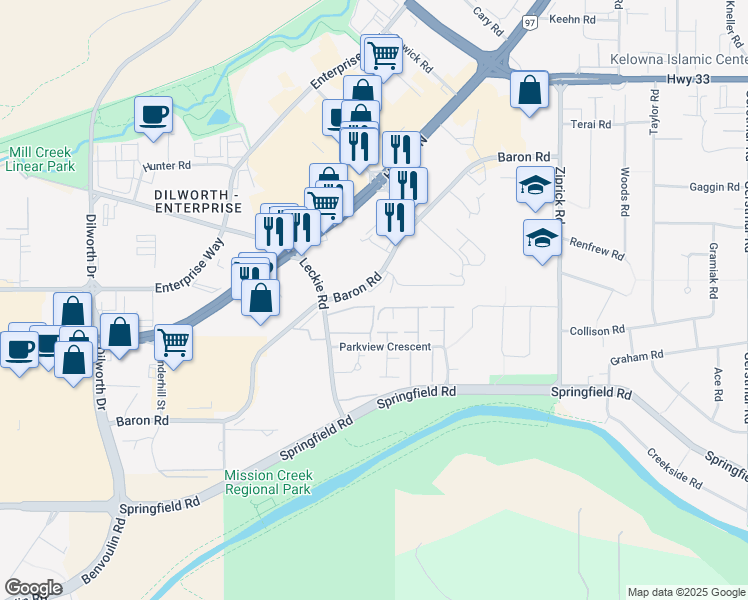 map of restaurants, bars, coffee shops, grocery stores, and more near 1765 Leckie Road in Kelowna