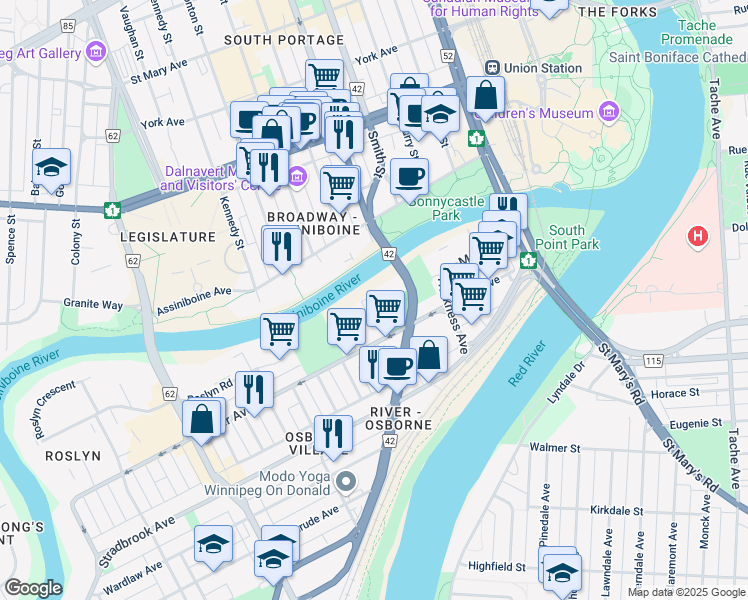 map of restaurants, bars, coffee shops, grocery stores, and more near in Winnipeg
