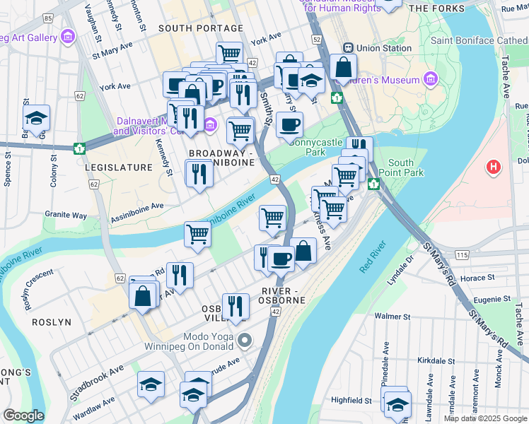 map of restaurants, bars, coffee shops, grocery stores, and more near 21 Mayfair Place in Winnipeg