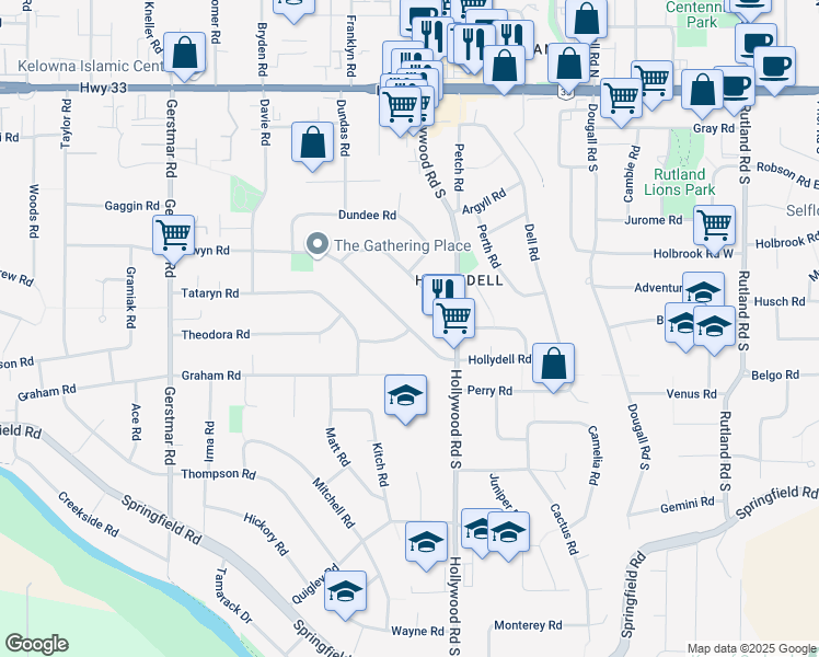 map of restaurants, bars, coffee shops, grocery stores, and more near Hollydell Road in Kelowna