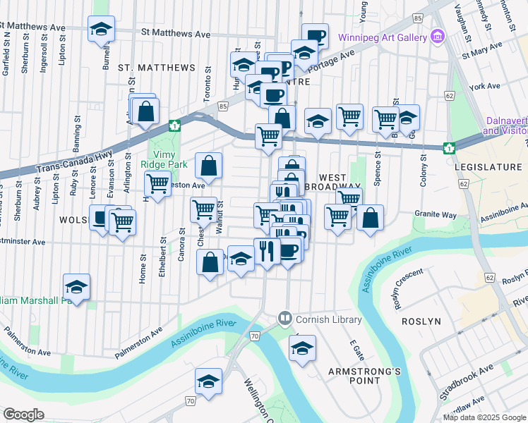 map of restaurants, bars, coffee shops, grocery stores, and more near 142 Maryland Street in Winnipeg