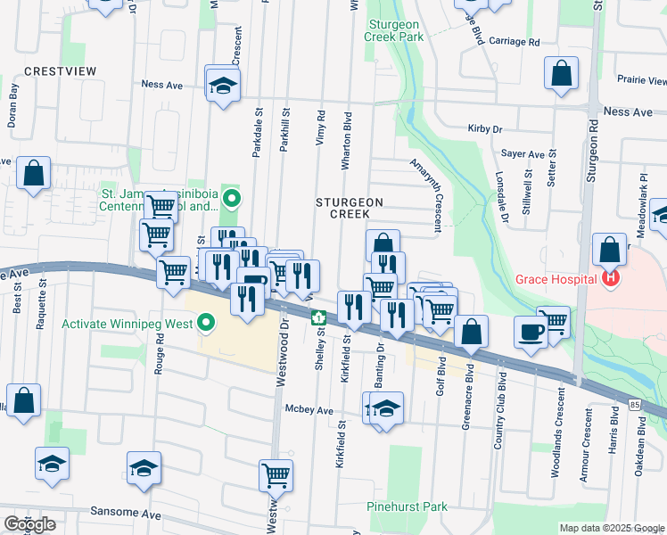 map of restaurants, bars, coffee shops, grocery stores, and more near 48 Wharton Boulevard in Winnipeg