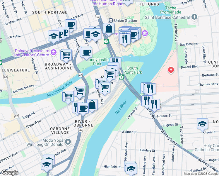 map of restaurants, bars, coffee shops, grocery stores, and more near 134 River Avenue in Winnipeg