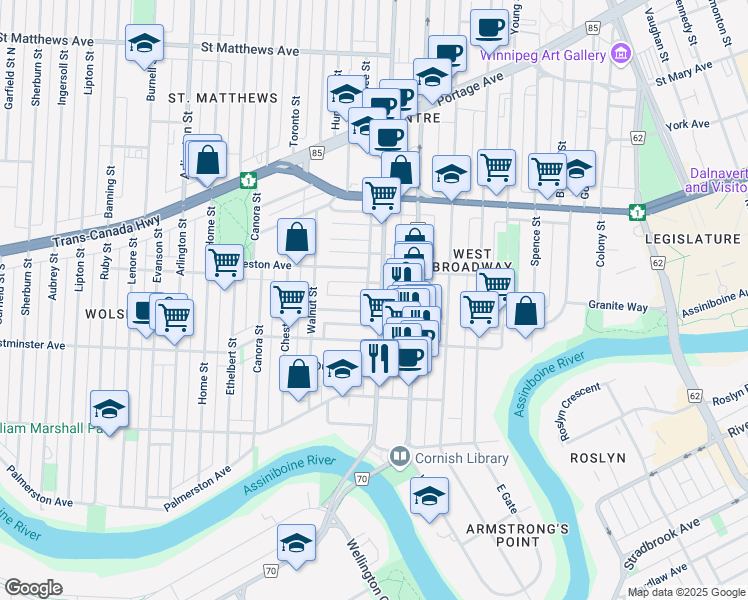 map of restaurants, bars, coffee shops, grocery stores, and more near 146 Maryland Street in Winnipeg