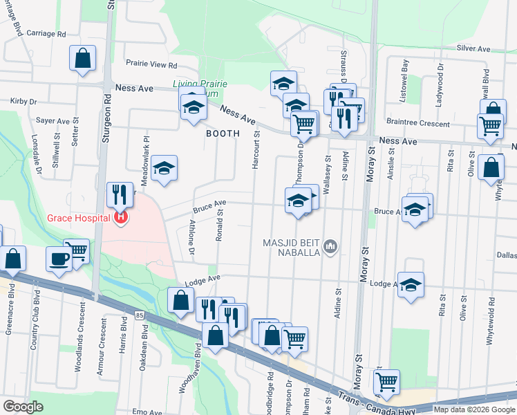 map of restaurants, bars, coffee shops, grocery stores, and more near 339 Harcourt Street in Winnipeg