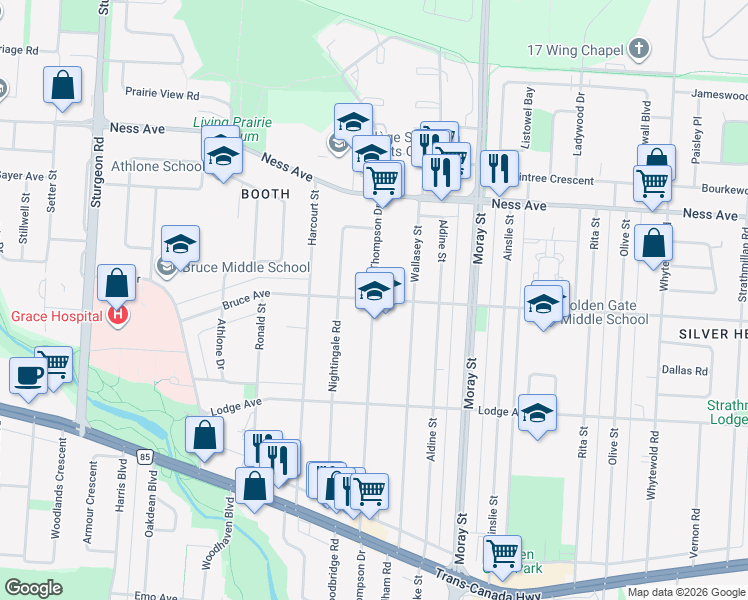 map of restaurants, bars, coffee shops, grocery stores, and more near Thompson Drive in Winnipeg