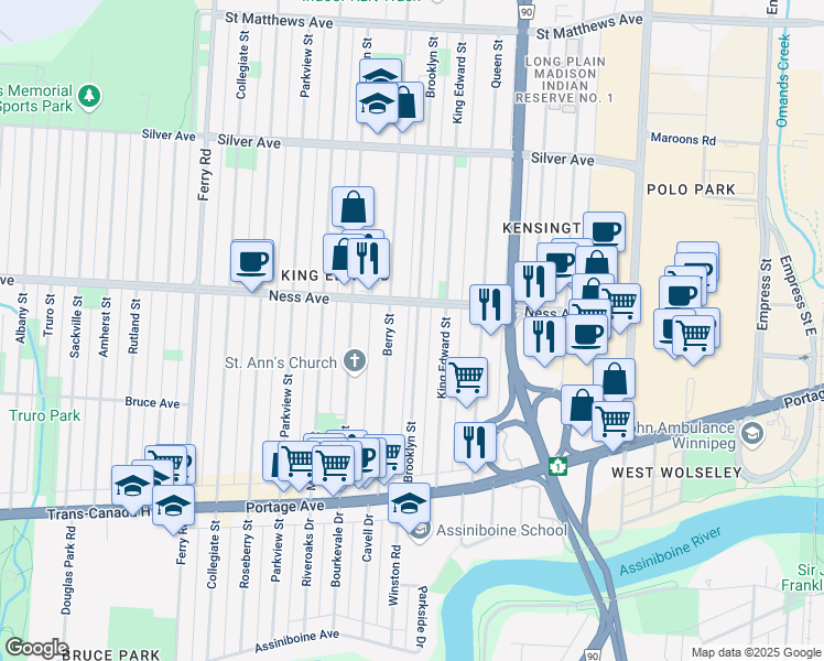 map of restaurants, bars, coffee shops, grocery stores, and more near 304 Brooklyn Street in Winnipeg