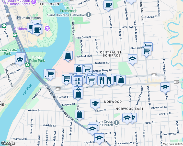 map of restaurants, bars, coffee shops, grocery stores, and more near 182 Goulet Street in Winnipeg