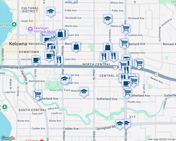 map of restaurants, bars, coffee shops, grocery stores, and more near 850 Saucier Avenue in Kelowna