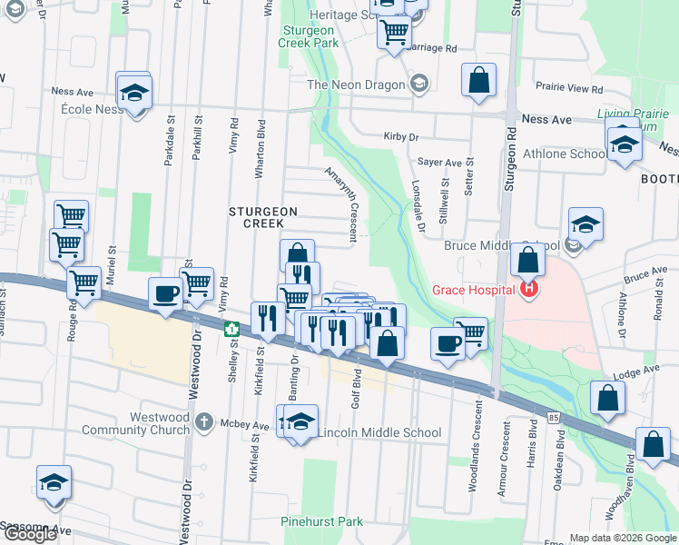 map of restaurants, bars, coffee shops, grocery stores, and more near 191 Greenway Crescent West in Winnipeg