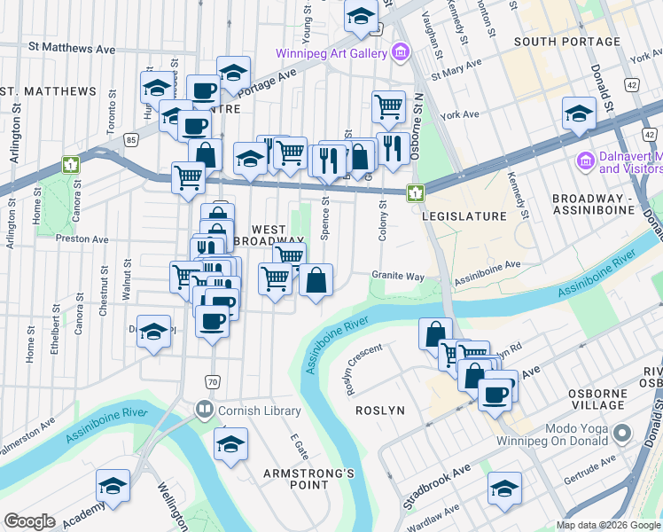 map of restaurants, bars, coffee shops, grocery stores, and more near 77 Spence Street in Winnipeg