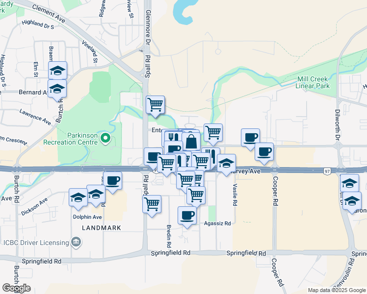 map of restaurants, bars, coffee shops, grocery stores, and more near 114-1950 Harvey Avenue in Kelowna