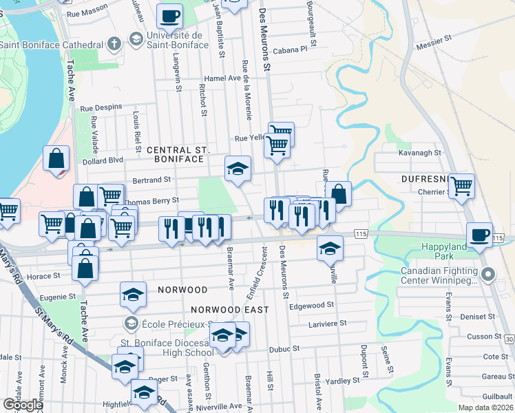 map of restaurants, bars, coffee shops, grocery stores, and more near 325 Enfield Crescent in Winnipeg